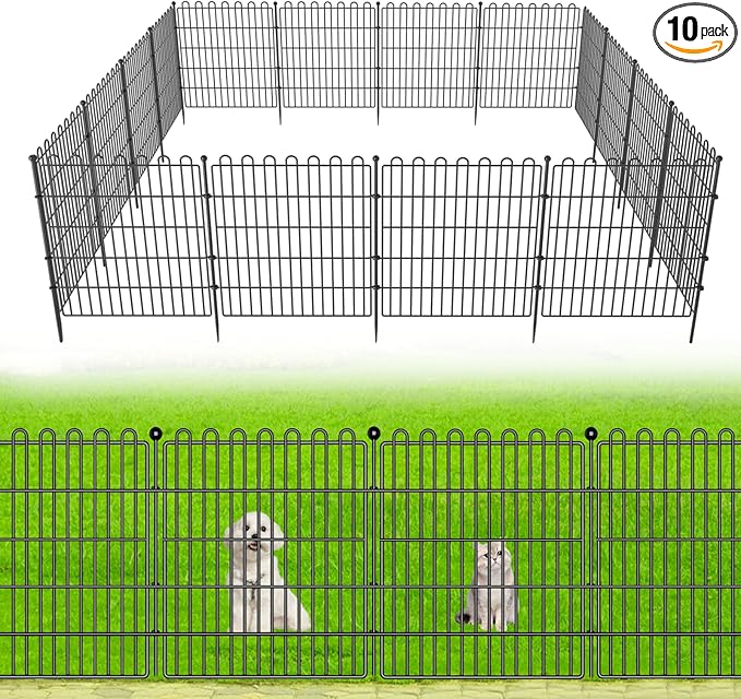 10 Panels No Dig Decorative Garden Fence for Yard, 24 in(H) X 20 ft(L) Animal Barrier Fencing for Outdoor Dog, Metal Portable Garden Fences for Borders, Pets, Landscape, Temporary Fence