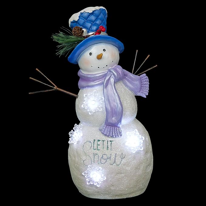 Alpine Corporation 14”H Lavender Winter "Let It Snow" Snowman Statue with Fading LED Lights, Christmas Decor