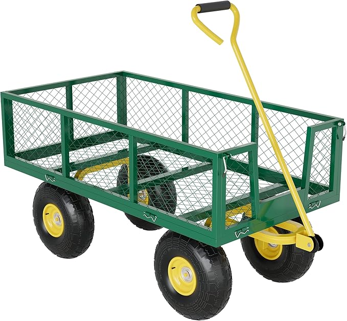 Metal Wagon - 900lbs Garden Cart with 10" Multi-Terrain Tires, 4 Removable Mesh Sides & 180° Swivel Handle, Yard Wagon Cart for Lawn, Yard, Patio Gardening