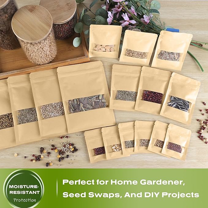 150 Pack Seed Packet Envelopes Resealable with Clear Window – 2.8 x 3.5" 90 Pack and 3.5 x 5.4" 60 Pack, Gardening Seeds Saving Storage Bags for Plant Specimens, Jewelry, Dried Herbs, Samples