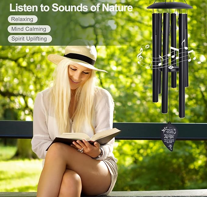 40" Deep Tone Memorial Wind Chimes for Outside, Hand-Tuned Pentatonic Scale Wind Chimes for Garden, Sympathy Gift for Loss of Loved One, Outdoor Souvenir Mother, Black Modern Elegant Design