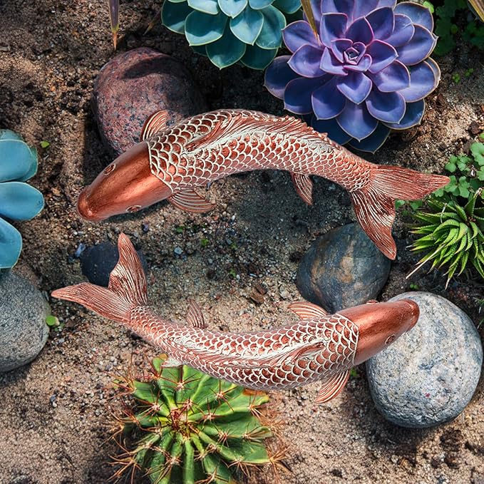 Garden Statues Koi Fish Decor Outdoor Garden Fish Statues, Set of 2 Antique Copper Koi Art Sculptures for Patio, Backyard, Pond and Home Decor, Best Gardening Gifts for Women Mom