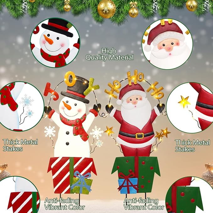Christmas Outdoor Yard Signs Decorations, LED Solar Metal Garden Stake Lights with Joy for Patio Lawn Christmas Decor (Snowman&Santa Claus)