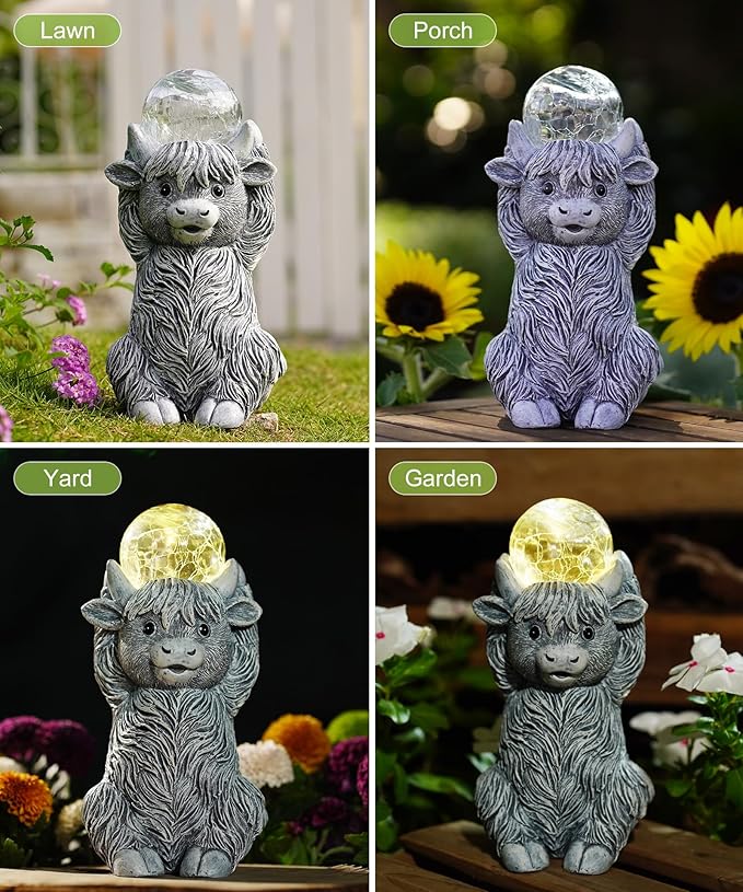 Nacome Solar Highland Cow Garden Decor - Outdoor Statues with Bubble Ball Balcony Lown Patio Porch Sculptures Front Yard Art for Outside - Birthday Gifts for Mom Grandma Women(Grey)
