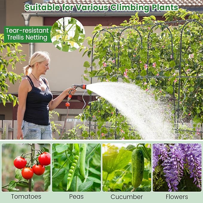 71" x 71" Cucumber Trellis for Raised Bed, Garden Arch Trellis Metal Plant Support Frame with Netting, Sure-Clips & Ground Stakes, U-Shaped Garden Trellis for Climbing Plants Outdoor