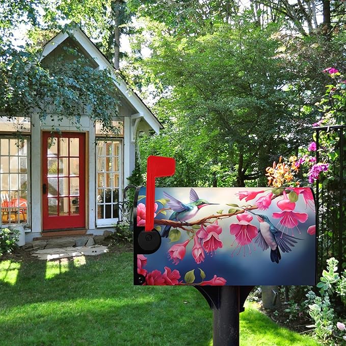 Summer Mailbox Covers Magnetic Hummingbird Flower Mailbox Post Cover Fuchsia Hybrida Floral Mail Box Wraps Bird Pink Flowers Decor Waterproof Garden Yard Standard Size 21x18 Inch