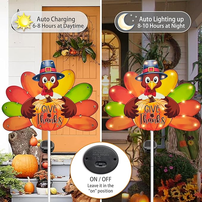 Hexagram Thanksgiving Decorations Outdoor, Solar Turkey Garden Stake Lights, 41 Inches Metal Turkey Give Thanks Decorations, Happy Thanksgiving Outdoor Decor Lights for Outside Yard Lawn Pathway