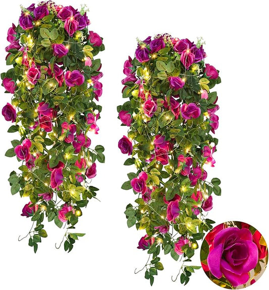 RECUTMS Artificial Hanging Rose Flower 2PCS 3.3Ft Flowers for Outdoors with 30 LED Fairy String Lights Fake Indoor Outdoor Wall Wedding (Purple)