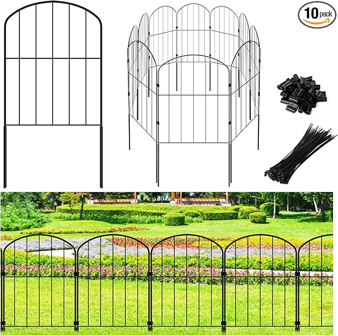 Decorative Garden Fence 24in (H) x 10.5ft (L), 10 Panels No Dig Garden Fencing Animal Barrier for Dogs Rabbits Arched Flower Bed Edging, Metal Wire Border Panel for Outdoor Patio Yard Decor