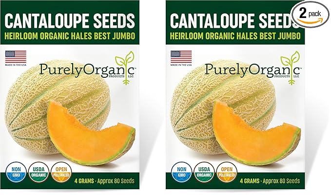 Organic Cantaloupe Seeds (Hales Best Jumbo) - Approx 80 Seeds - USDA Organic, Non-GMO, Open Pollinated, Heirloom, USA Origin (Pack of 2)