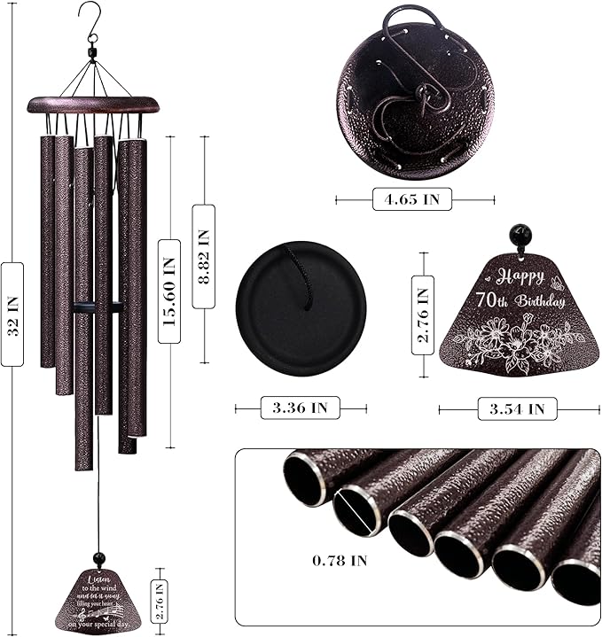 70th Birthday Gifts for Women/Men, 70th Birthday Decorations 32” Wind Chimes Outside, 70 Year Old/1955 Bday Gifts for Men/Women