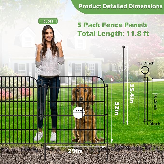 5 Panels No Dig Decorative Garden Fence with Gate, Total 11.8 ft(L) x 32 in(H) Animal Barrier Border for Dog, Rustproof Metal Wire Panel Border for Yard, Temporary Tall Fencing with Ground Stakes