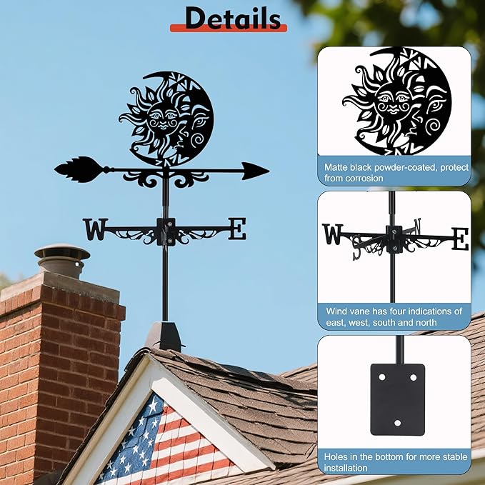 Sun and Moon Face Weather Vane, Black Metal Weathervane Roof Mount, Wind Direction Indicator Wind Measuring Tool Outdoor, Wind Vane Ornament Decoration for Shed Garden Yard Farmhouse Patio Decor