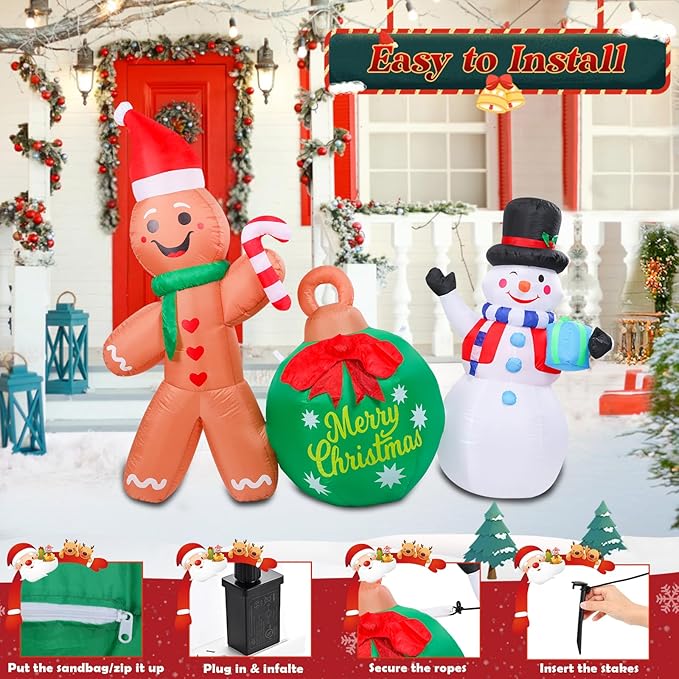 5 FT Christmas Inflatable Outdoor Decorations, Inflatable Snowman and Gingerbread Man with Christmas Ball Built-in LED Lights Blow Up Yard Decorations for Holiday Indoor Outdoor Party Garden Lawn