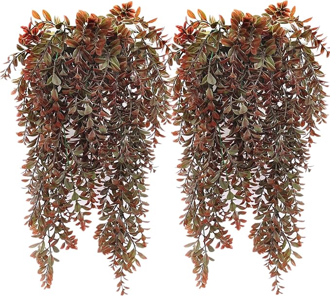 Artificial Hanging Plants Red 4 Pack, Brown Leaves Fake Vines Decoration Plastic Ivy Leaf Rattan Greeny Vine Houseplants for Wedding Indoor Outdoor Home Garden Bedroom Office Wedding Décor