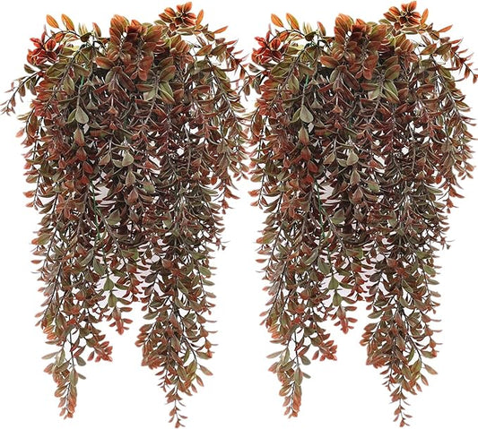 Artificial Hanging Plants Red 4 Pack, Brown Leaves Fake Vines Decoration Plastic Ivy Leaf Rattan Greeny Vine Houseplants for Wedding Indoor Outdoor Home Garden Bedroom Office Wedding Décor
