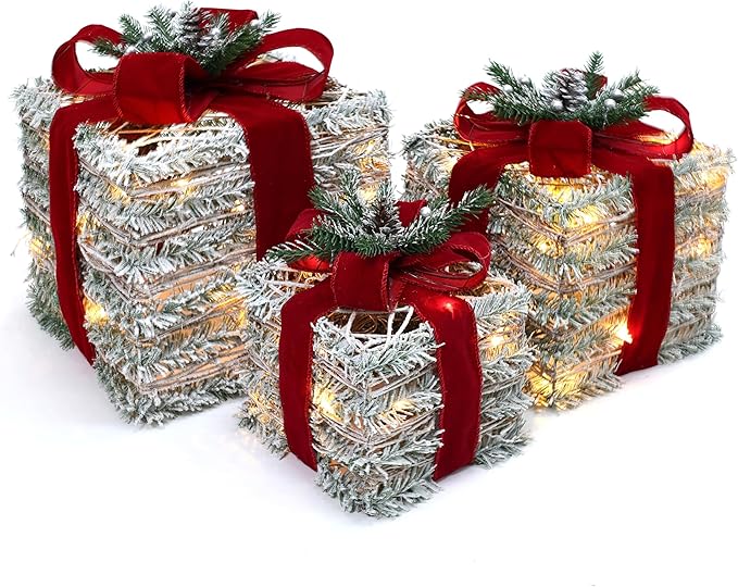 LuxenHome Set of 3 Lighted Gift Boxes, Battery Operated Forsted Faux Cedar Branch Boxes for Xmas, Lawn, Porch, Under Tree Indoor, Outdoor Christmas Decorations