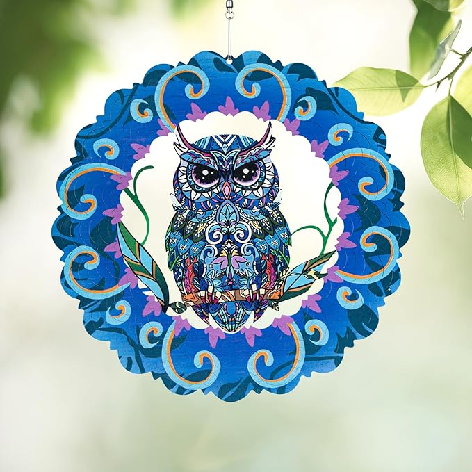 Owl Metal Wind Spinners Outdoor - 12 Inch Stainless Steel Hanging Wind Spinner for Yard Garden Art Decoration Surprising Gifts for Owl Lovers