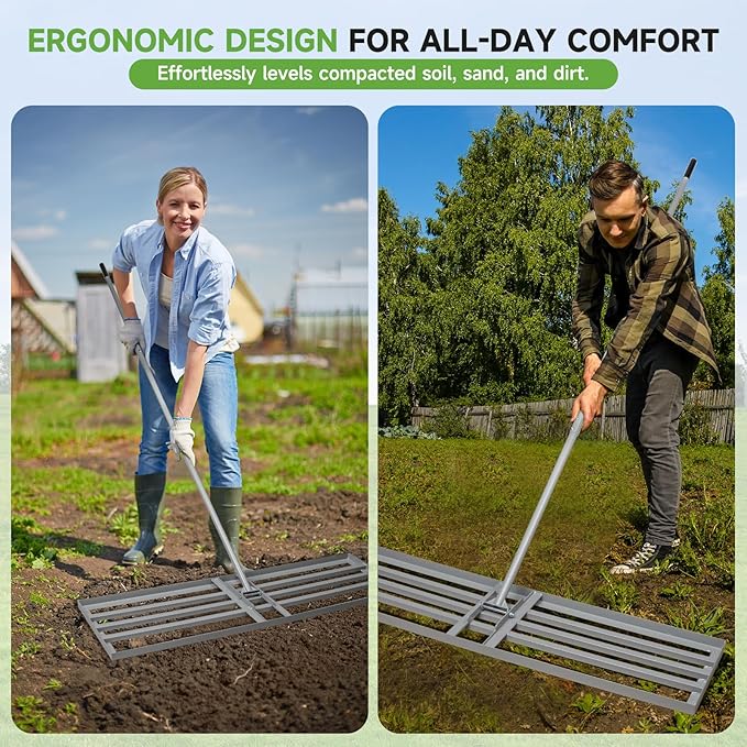 Lawn Leveling Rake – Heavy-Duty Galvanized Steel Yard Leveling Rake with Adjustable 48x12 Inch Rack Head & Extendable 52-78 Inch Handle, Rust-Resistant, All-Welded, Gloves Included