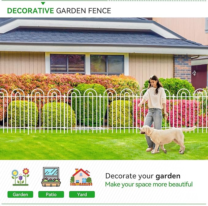 10 Panels Decorative Garden Fence with Gate, 42in(H)×21.6ft(L) Tall No Dig Fence Animal Barrier, Metal Tube Garden Edging Border, Reusable Ground Defense Temporary Fencing for Outdoor Yard, White