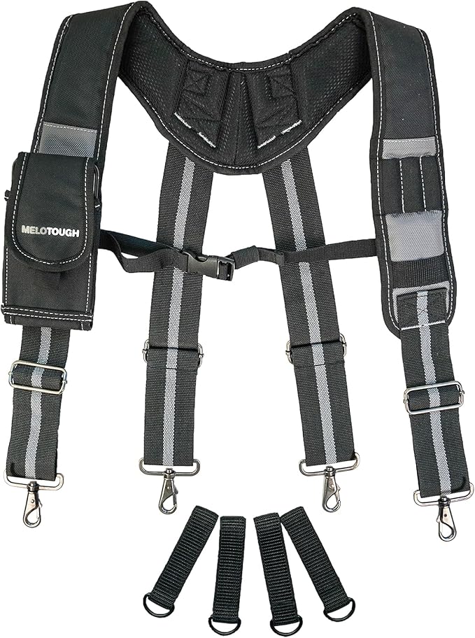 MELOTOUGH Tool Belt Suspenders Construction Work Suspenders with detachable phone holder comfortable foam shoulder padder (Grey)