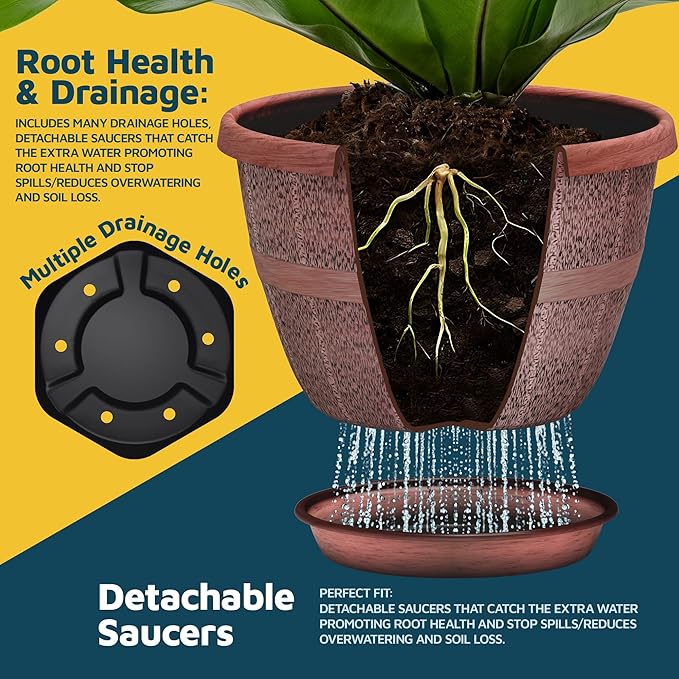 10-Inch Whiskey Barrel Planters Outdoor Pack of 2 - Durable Plastic Plant Pots for Indoor & Outdoor Use with Drainage & Saucer, Lightweight Rustic Barrel Planters for Flowers, Herbs & Small Plants