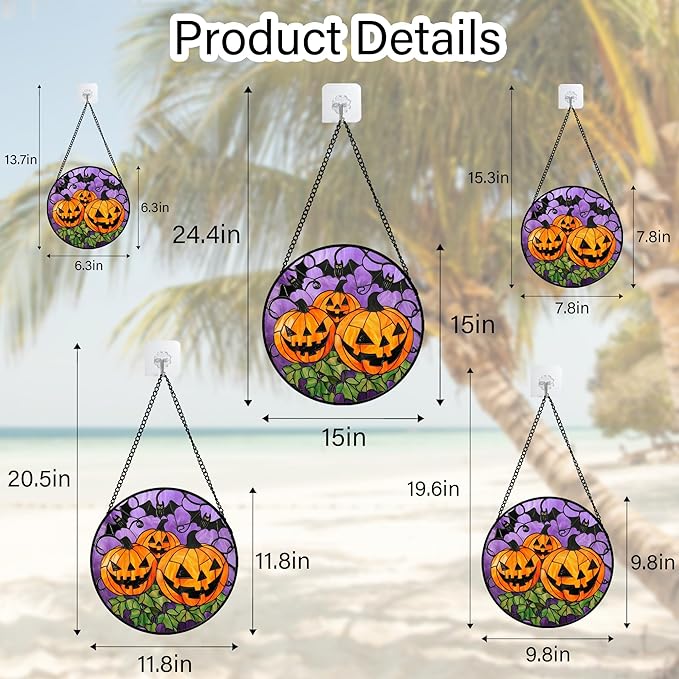 Stained Glass Window Hanging Halloween Scary 3 Bat and Pumpkin Monsters 6.3" - Suncatcher Door Garden Sun Catcher Gothic Home Decor Birthday Horror Gifts for Mom Men Woman Friend
