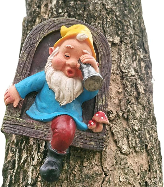 Garden Gnome Open The Door Garden Decor Resin Tree Faces Decor Outdoor Fairy Garden Patio Lawn Porch (Blue Telescope)