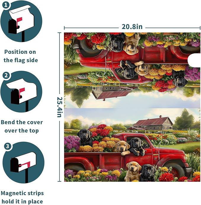 25.5"x21" Spring Truck Dogs Magnetic Mailbox Cover Summer Floral Puppy Decorative Mailbox Wrap Post Cover Waterproof Large Size for Garden Yard Outdoor Outside Patio Farmhouse