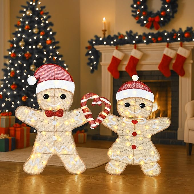 32"H Outdoor Gingerbread Lights, 2D Pre-lit Holiday Lawn Lights Christmas Decorations, 100 Warm White LEDs, Stake-Down Flat Xmas Yard Decor, Ground Decorations for Garden, Porch, Set of 2