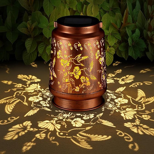 Solar Lantern Outdoor Hanging Waterproof Outside Metal Openwork Hummingbird Pattern Birthday Gifts for Women Mom Landscape Lights for Porch Garden Yard Patio Pathway Decor(Two Hummingbirds)