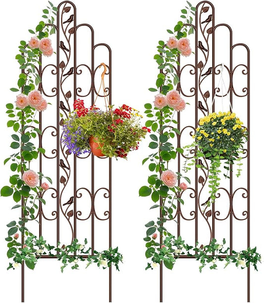 Amagabeli 2 Pack 71” x 21” Tall Garden Trellis for Climbing Plants Outdoor Heavy Climbing Plant Rose Trellis Wrought Iron Ivy Vine Cucumbers Decorative Metal Trellis Brown