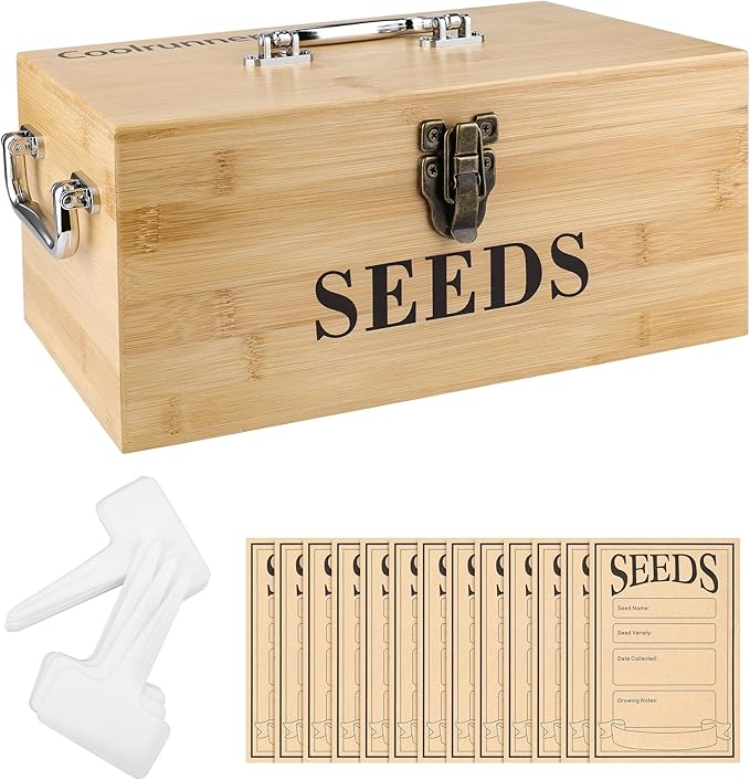 Coolrunner Wood Seed Saving Box, Seed Storage Organizer Case, Seed Packet Storage Organizer with Lock and 3 Handles, 30P Plant Labels, 30P Seeding Envelopes Bag