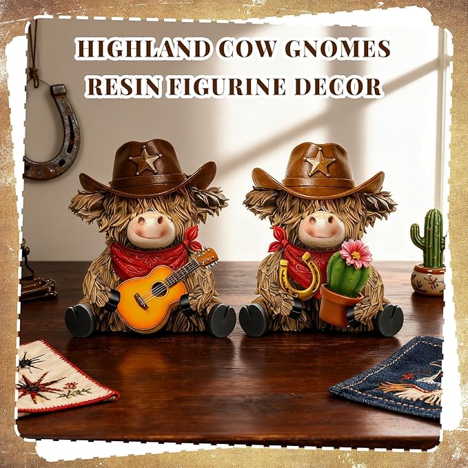 2 Pcs Highland Cow Figurines Decor Cowboy Gnomes with Western Cowboy Hat Resin Statue Calf Lovers Gifts for Farmhouse Home Garden Bathroom Kitchen Office Tiered Tray Table Decor