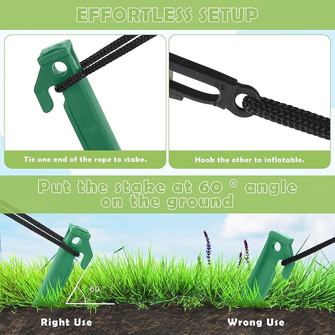 Aodaer 36 Pieces Plastic Inflatable Stakes Set Heavy Duty Halloween Christmas Yard Stake with Ropes and Hooks Anchoring Ground Stake for Xmas Garden Inflatables Accessories, Green