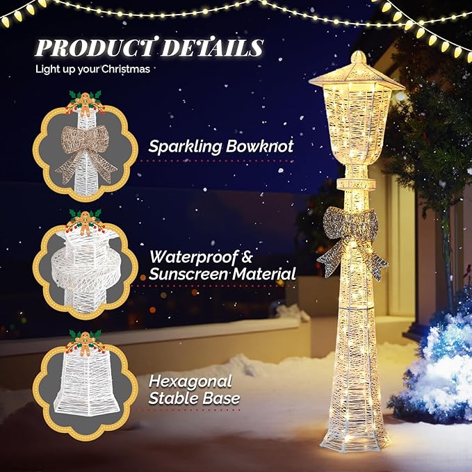 VINGLI 5FT Christmas Street Lamp Post, Lighted Street Light with Bow Outdoor Christmas Decorations, Light up Christmas Decor for Indoor Outdoor Porch Lawn Yard Garden, Snow White