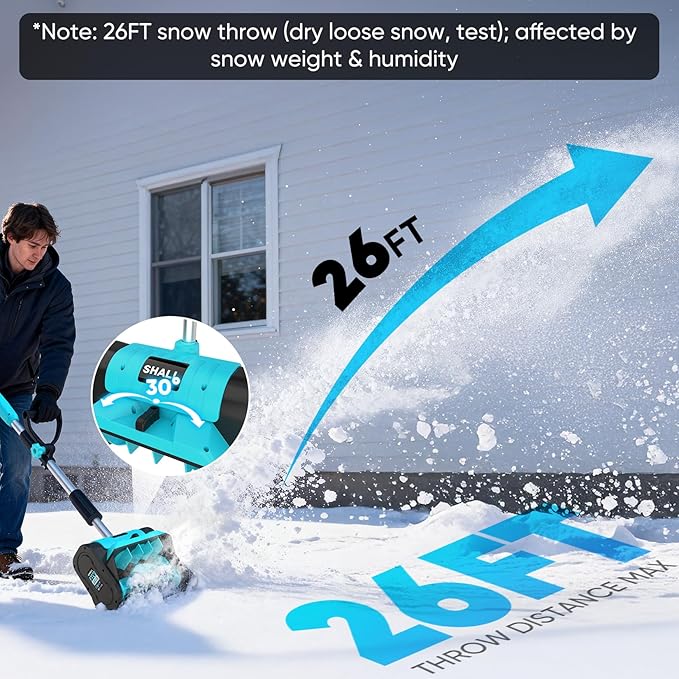 SHALL 21V Brushless Cordless Snow Shovel, 12" Cordless Snow Blower, 4AH Battery Powered Electric Snow Removal with Deflector & Dust Cover, 26FT Throw Distance for Driveway,Steps, Patio, Sidewalk