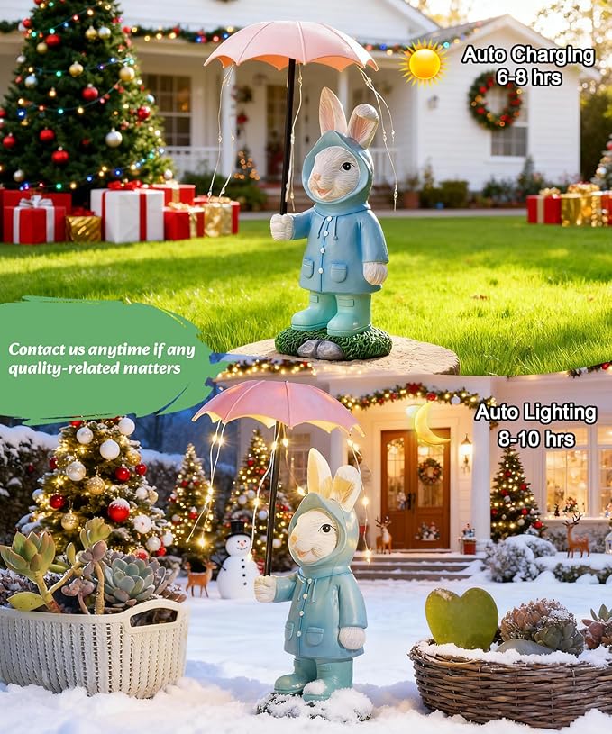 Solar Rabbit Garden Statue Outdoor Decor, Bunny Figurines Lights with Umbrella for Outside Yard Lawn Ornaments,Gifts for Mother's Day Birthday Easter Housewarming