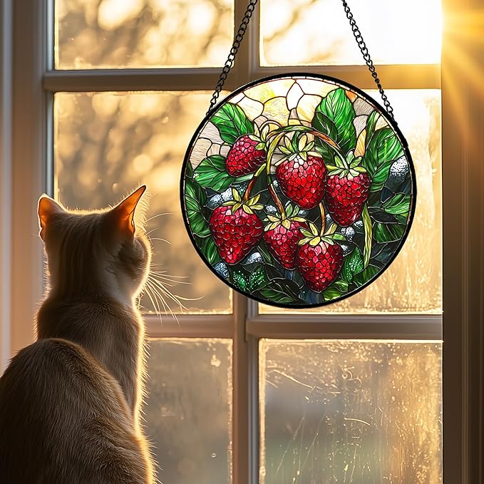 Stained Glass Suncatcher, Red Strawberry Green Leaf Sun Catcher Silver Background Stain Glass Window Hanging Decoration Mother's Day Birthday Gifts for Women Men Mom Nana 15 in
