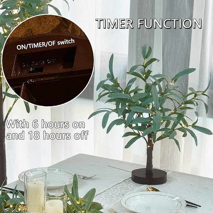 Fudios Little Lighted Tree with Timer 18in 50 LED USB Battery Operated Table Top Bonsai Olive Trees Light Artificial Plant for Home Decor Indoor