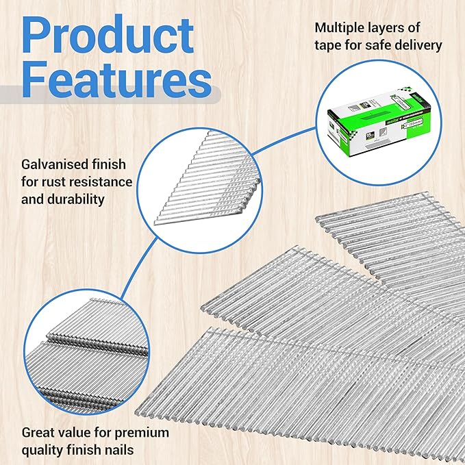 meite 15 Gauge 34 Degree Angled Finish Nails, 2 Inch Leg Galvanized No-rust Finishing Nails for Nailer Gun, Glue-Collated Trim Nails for Baseboard Crown Cabinet Window Molding, 2 Boxes x 2,000PCS