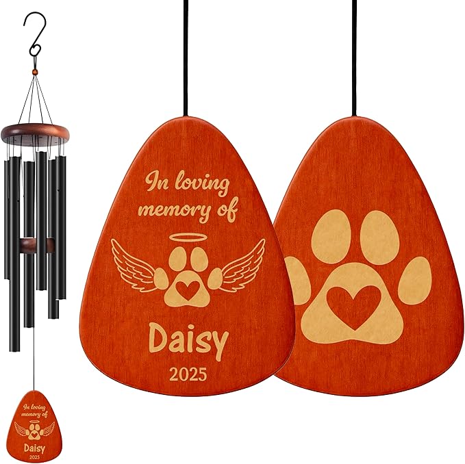 Personalized Pet Memorial Wind Chime - 37" Custom Engraved Pet Loss Gift with Name, Date & Quote - Drop Shape Wooden Pendant & Stainless Steel Tubes, Outdoor/Indoor Remembrance Wind Chime, Black D3