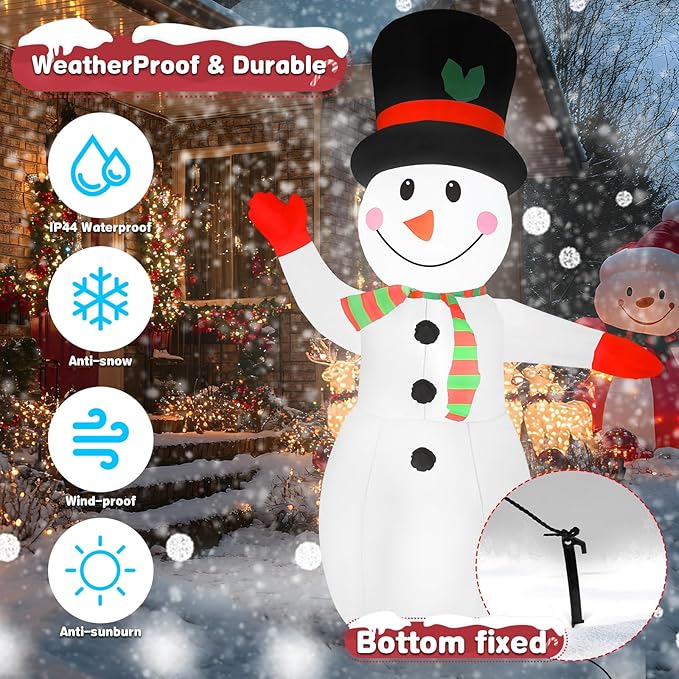 8FT Christmas Inflatable Snowman with Waving Arm & LED Lights, Blow Up Outdoor Winter Decor for Yard, Garden, Lawn, Holiday Party, Xmas Indoor Decoration