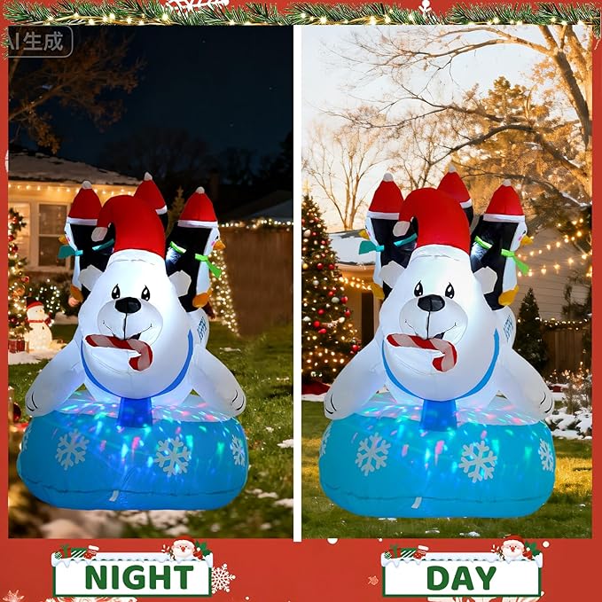 6FT Polar Bear Inflatable Decoration with Built-in LED Lights and Colorful Flashing Lights, Christmas Outdoor Inflatable Decoration for Lawn, Yard, Garden, Patio
