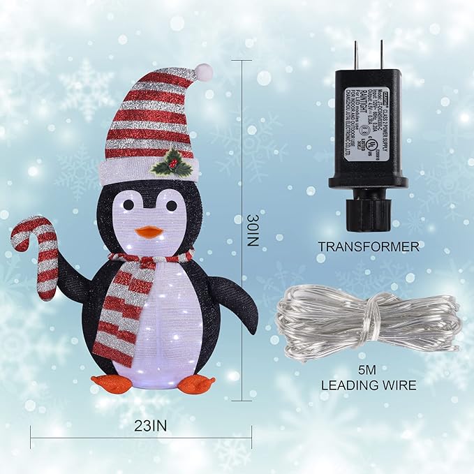 Juegoal Lighted Christmas Penguin Decorations, 2.5FT / 30Inch Outdoor Collapsible Black Penguin with Built-in Lights, Pre-Lit Pop Up Xmas Red Hat Penguin, Light Up for Holiday New Year Winter Decor