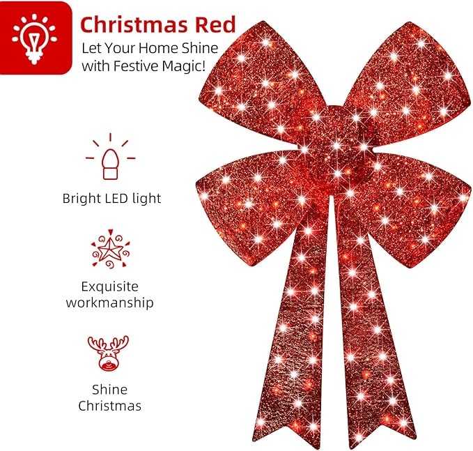 Lighted Giant Christmas Bows Decoration - HOYECHI Lighted Large Outdoor Bows for Wreaths, Outdoor Hanging Christmas Decorations, LED Holiday Yard Décor with 75 Lights - Red