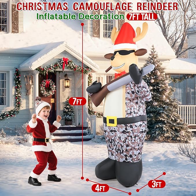 Christmas Inflatable Outdoor Decorations, 7FT Inflatables Camouflage Reindeer Yard Decor with Hat & Gun, LED Lights Blow up Giant Deer Holiday Decoration for Indoor Outside Lawn Garden Soldier Army
