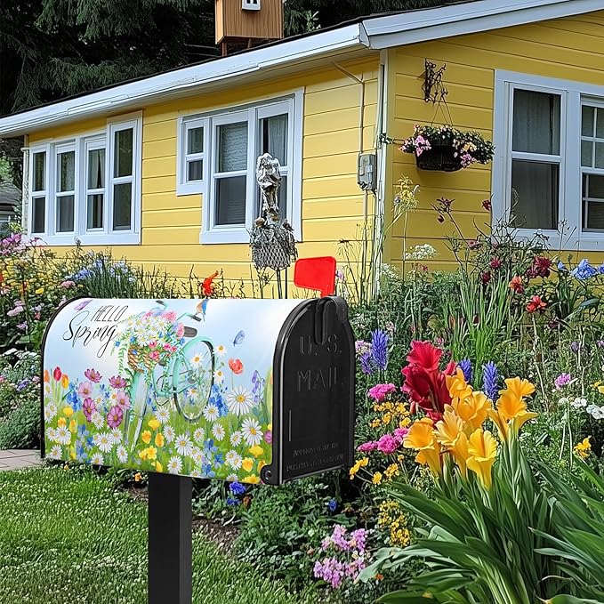 Hello Spring Mailbox Cover - Daisy Mailbox Covers Magnetic Standard Size 21x18 in - Beautiful Floral Bicycle - for Outside Garden Decoration