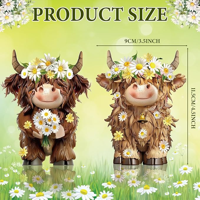 2 Pcs Highland Cow Figurines Daisy Flower Highland Cow Gnomes Decor Resin Statue Calf Lovers Gifts for Farmhouse Home Garden Kitchen Office Tiered Tray Table Decor