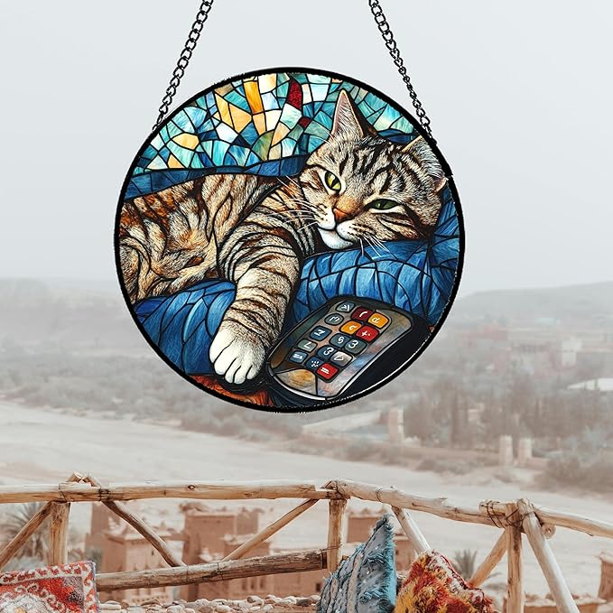 Stained Glass Window Hanging Gray Cat and Remote Control 6.3" - Suncatcher Door Garden Kitchen Sun Catcher Home Decor Birthday for Lost Pets Mom Men Woman Friend Grandma